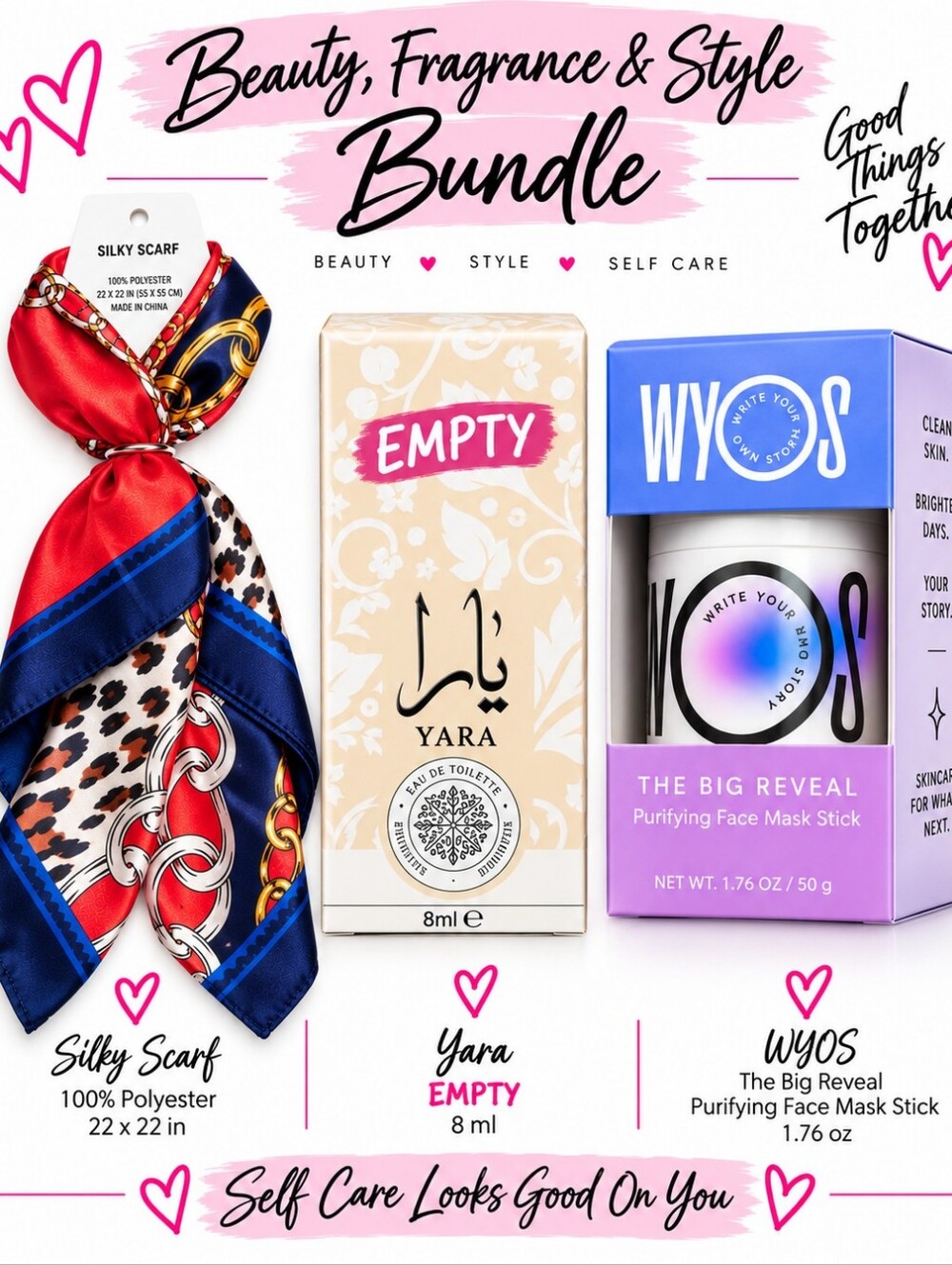 WYOS The Big Reveal Face Mask Stick + EMPTY Yara 8ml Box & Scarf Beauty Bundle
